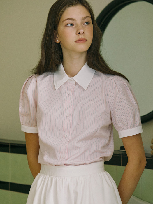 Puff Half Sleeve Stripe Shirt - Pink