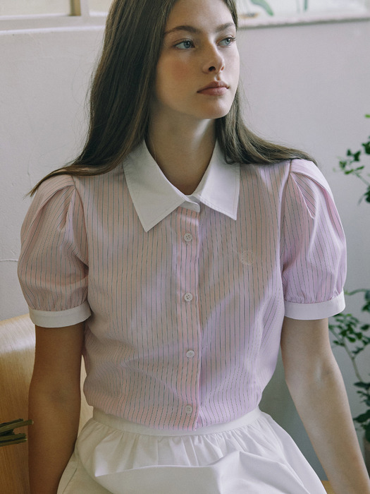 Puff Half Sleeve Stripe Shirt - Pink