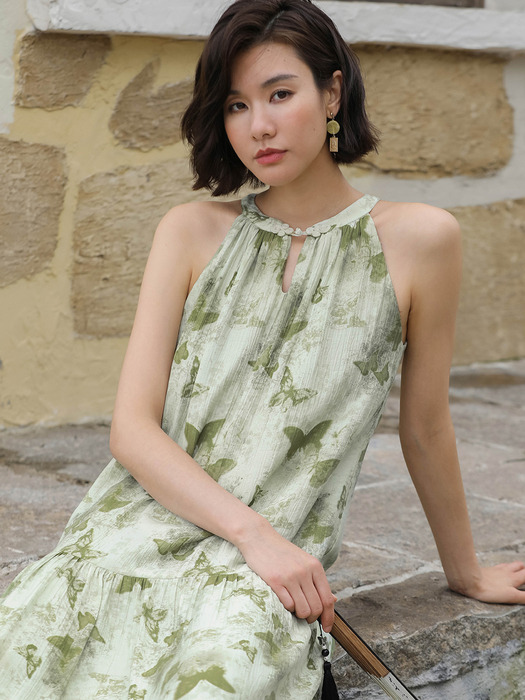 LS_Green butterfly halterneck dress