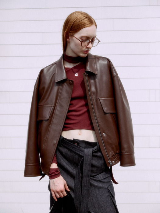 DEFILE Italian Lambskin Leather Bomber Jacket_Brown