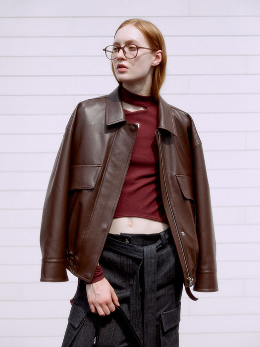 DEFILE Italian Lambskin Leather Bomber Jacket_Brown