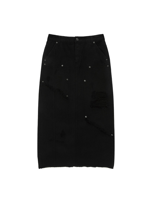 UNBALANCE DAMAGE DENIM SKIRT IN BLACK