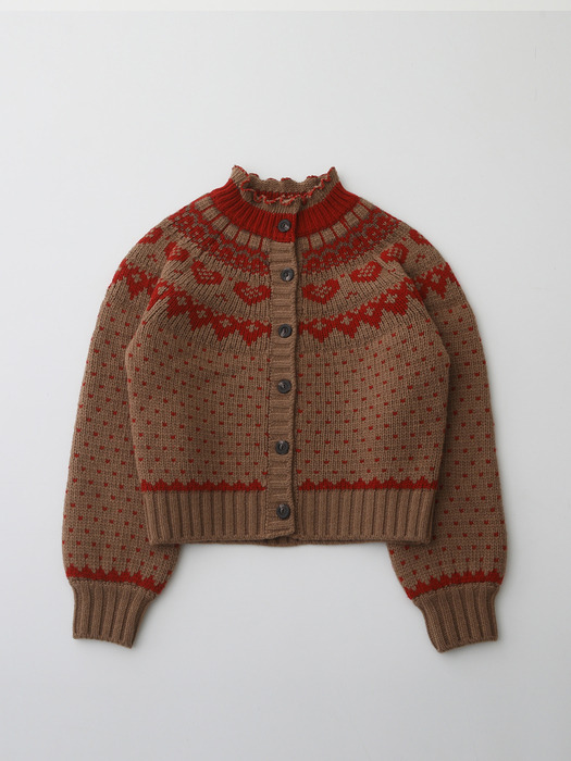 Nordic Neck Frill Knit Cardigan - Brown & Red