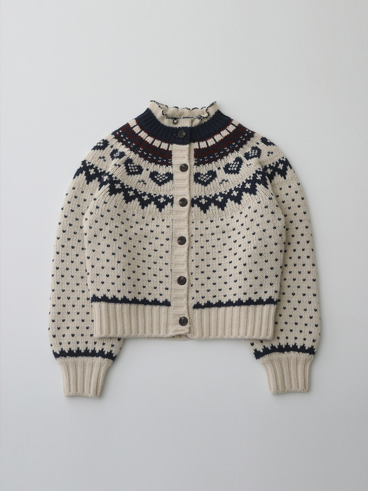 Nordic Neck Frill Knit Cardigan - Brown & Red