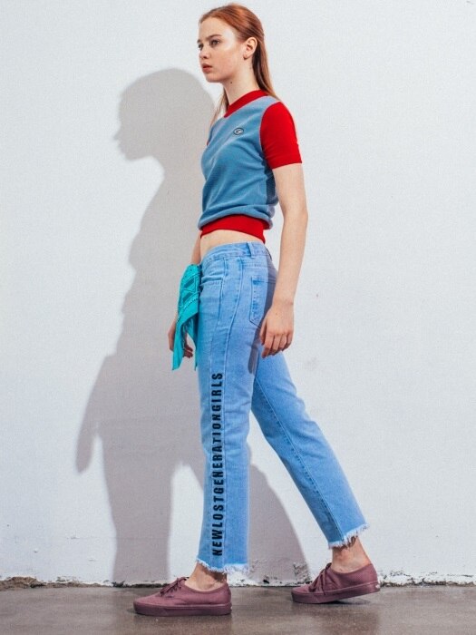 LETTERING FRINGE WASHING DENIM PANTS [SKY BLUE]