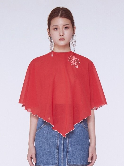 Flower Embroidery Cape Blouse [RED]