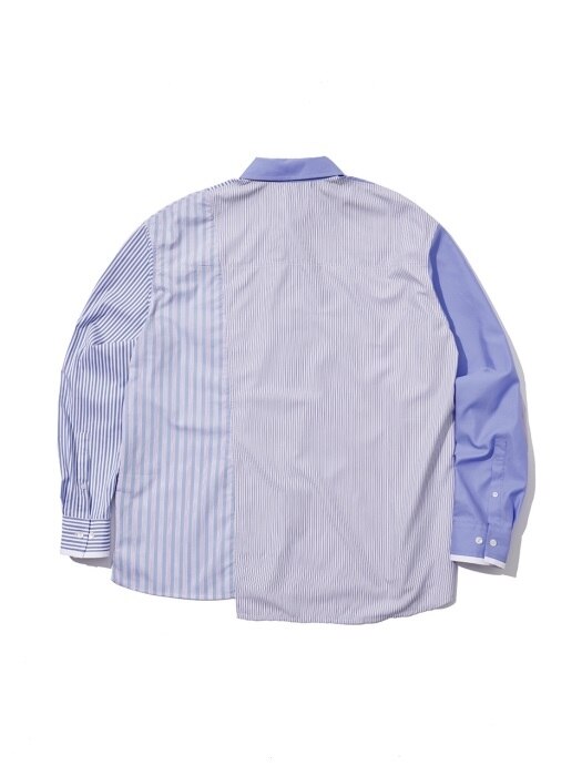 stripe pattern & solid combi blue shirt