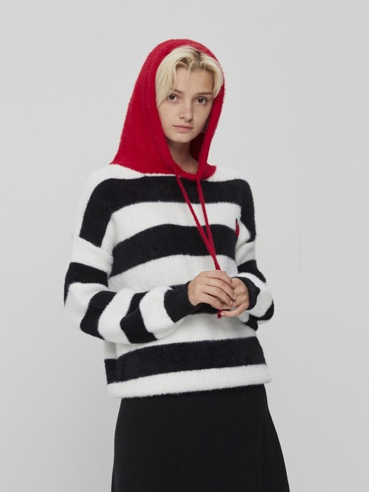 Hooded Striped Oversized Knit White