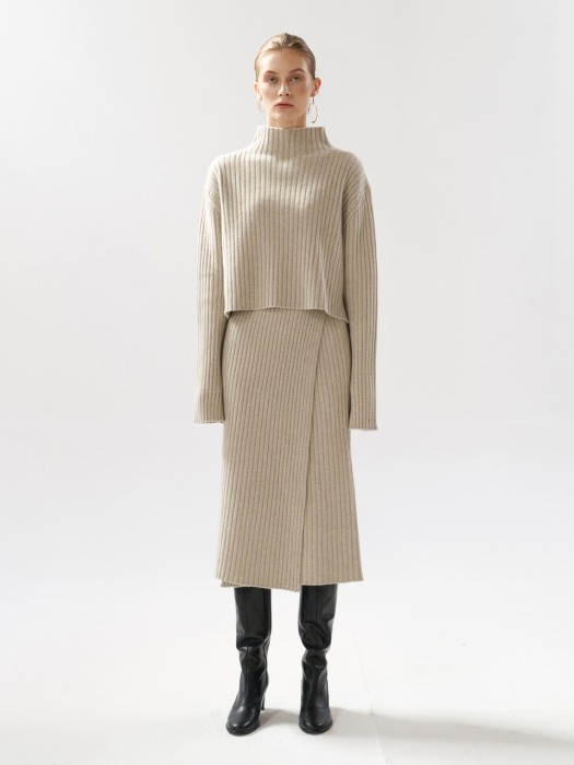 NTW CASHMERE RIBBED KNIT WRAP SKIRT 4COLOR