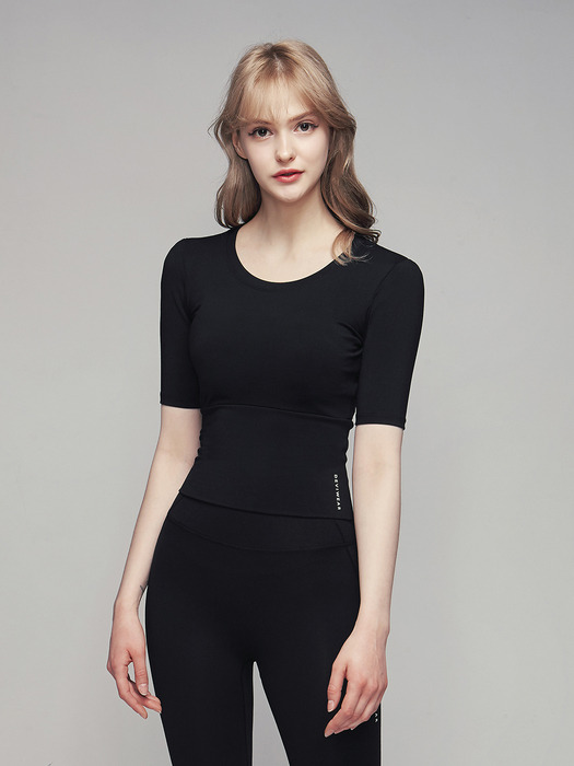 여성 요가복 DEVI-T0040-블랙 필라테스 반팔티 엣지 크롭 티셔츠