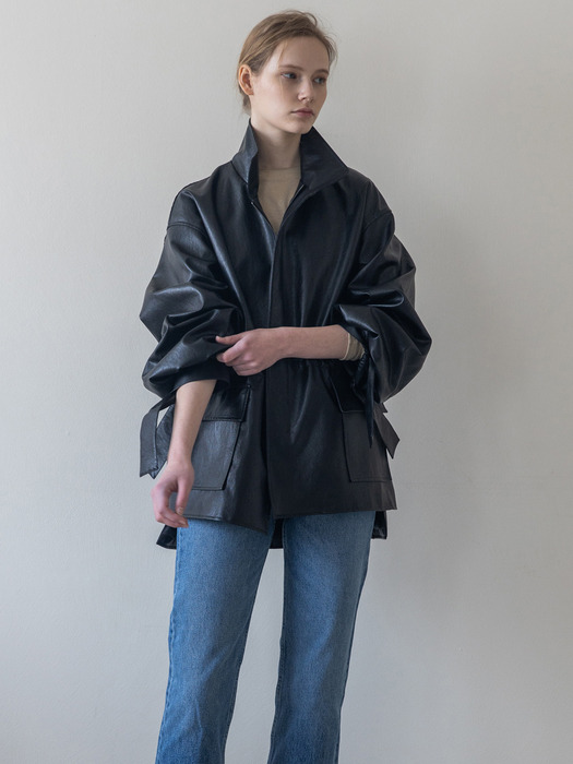 Eco Leather Long Jacket_Black