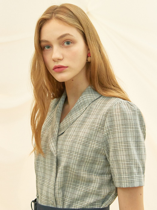 iuw682 double check linen half blouse (grey)