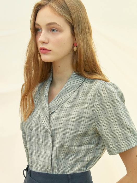 iuw682 double check linen half blouse (grey)