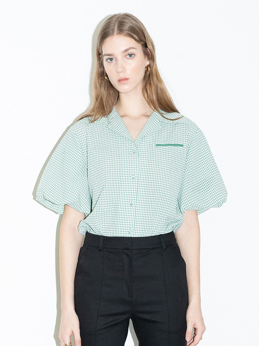 [20SS] ORANGE COUNTY notched collar balloon short sleeve blouse  (Green gingham check)