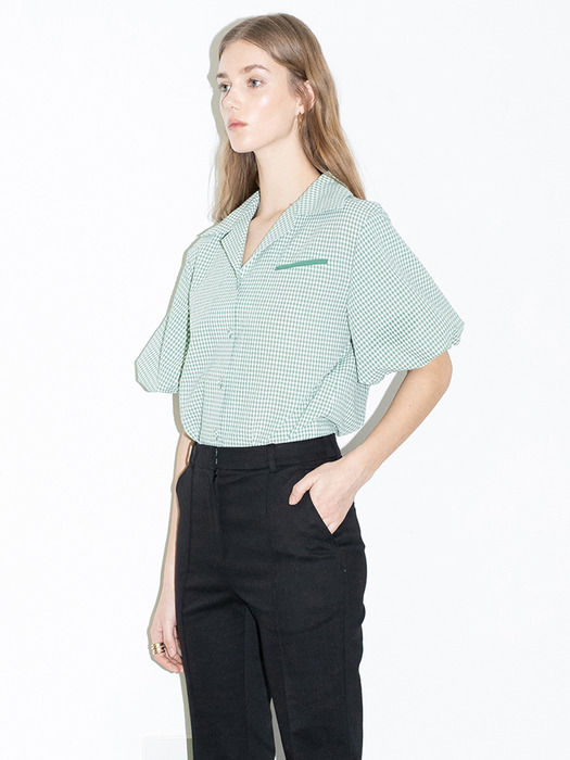 [20SS] ORANGE COUNTY notched collar balloon short sleeve blouse  (Green gingham check)