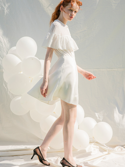 Lace Combo Shirring Flare Dress_White