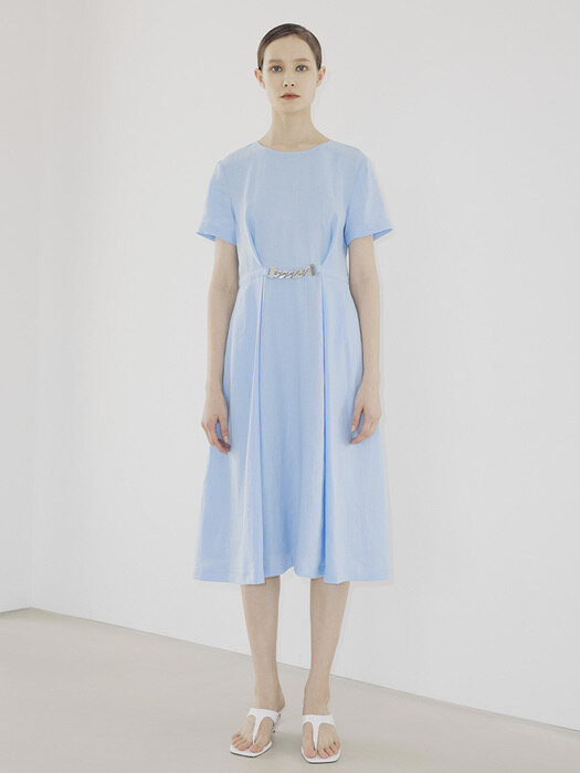 Buckle Linen Dress-Light Blue