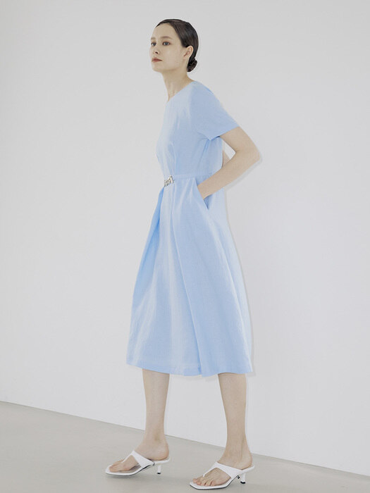 Buckle Linen Dress-Light Blue