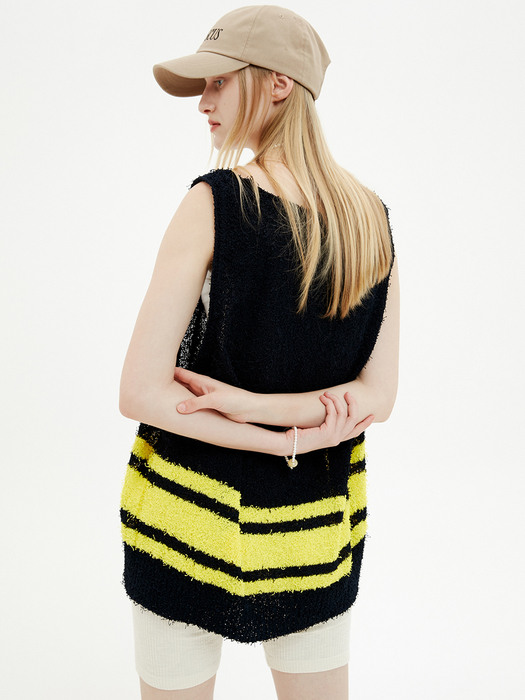 UNISEX, Tail Yarn Stripe Knit Vest / Dark Navy + Yellow
