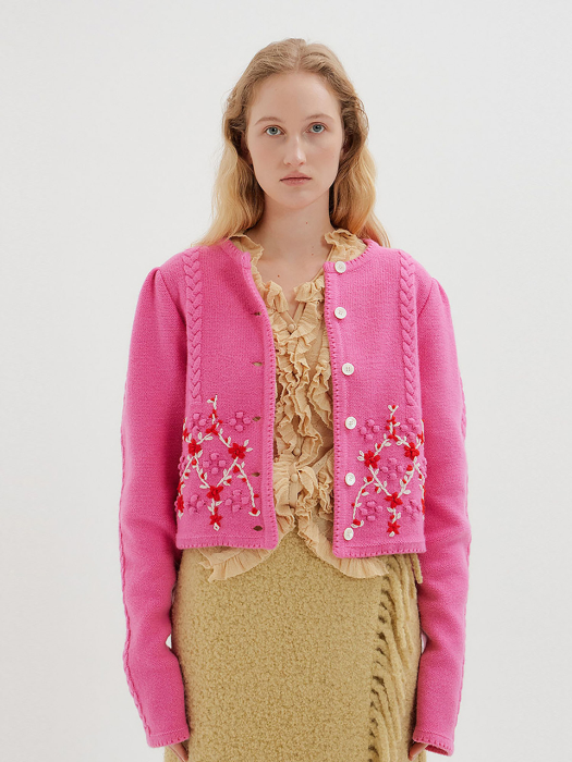 TITI Floral Pattern Puff Sleeve Knit Cardigan - Pink