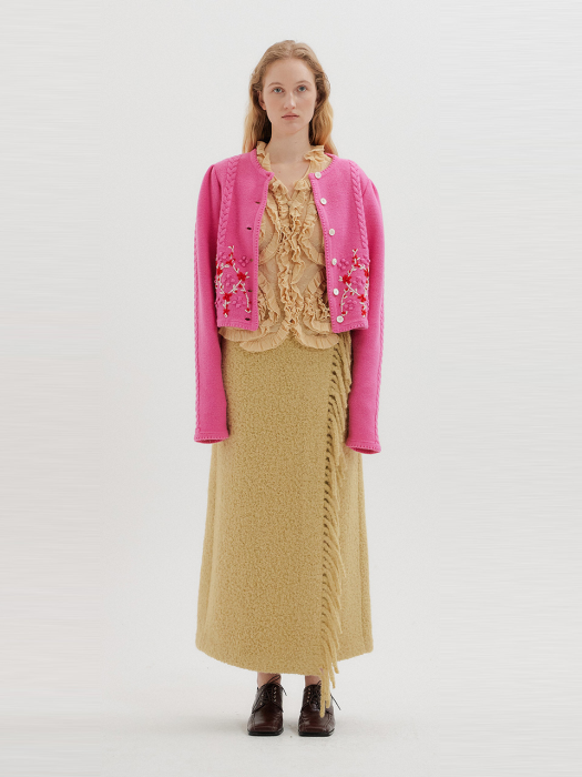 TITI Floral Pattern Puff Sleeve Knit Cardigan - Pink