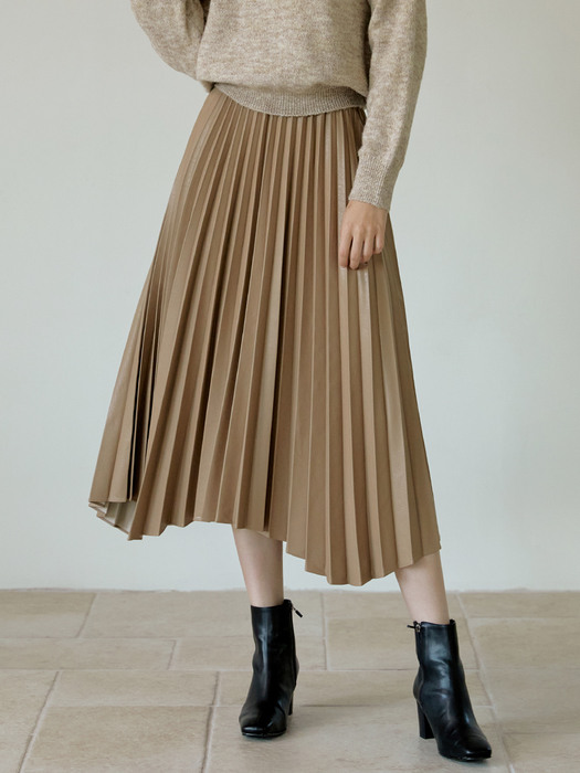 Pleats Leather long skirt (brown) 