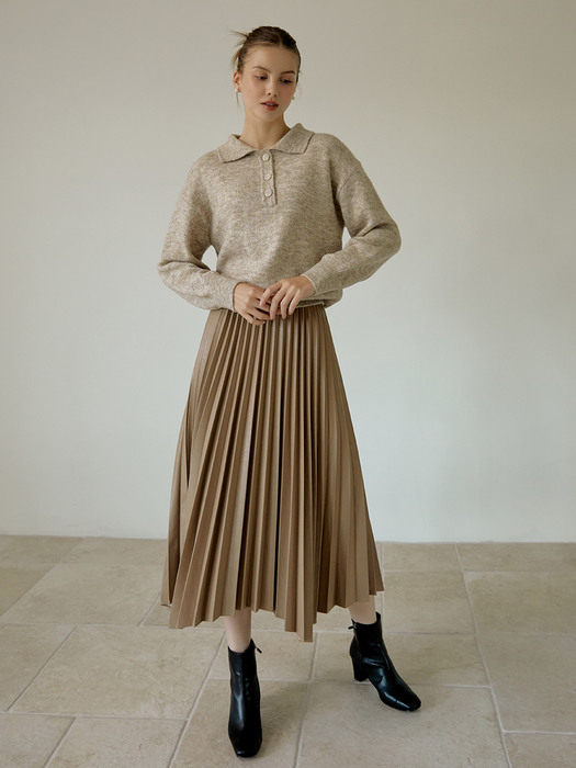 Pleats Leather long skirt (brown) 