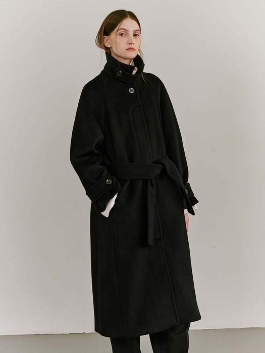 Cashmere Raglan Belted Coat - Black