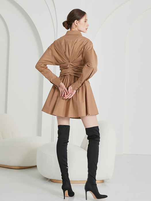 Classy mini shirring dress in brown
