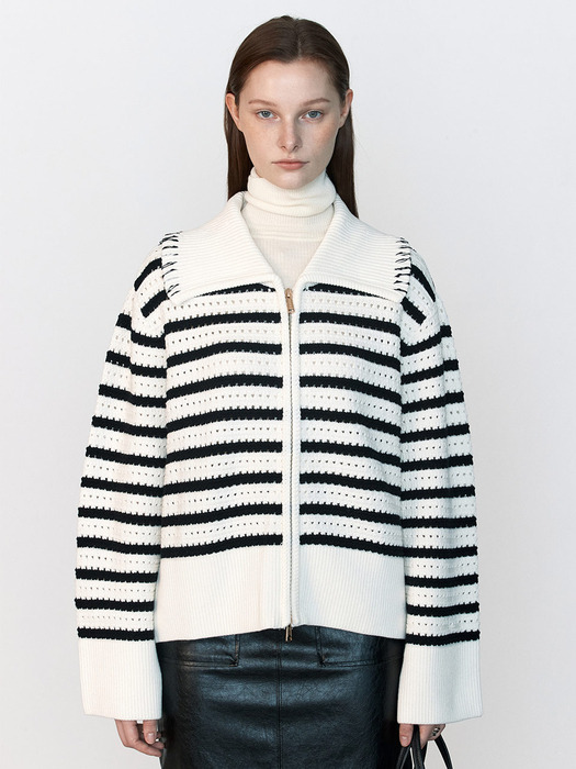 Stripe Big collar Knit Zip-up Cardigan KK2SD0090_20