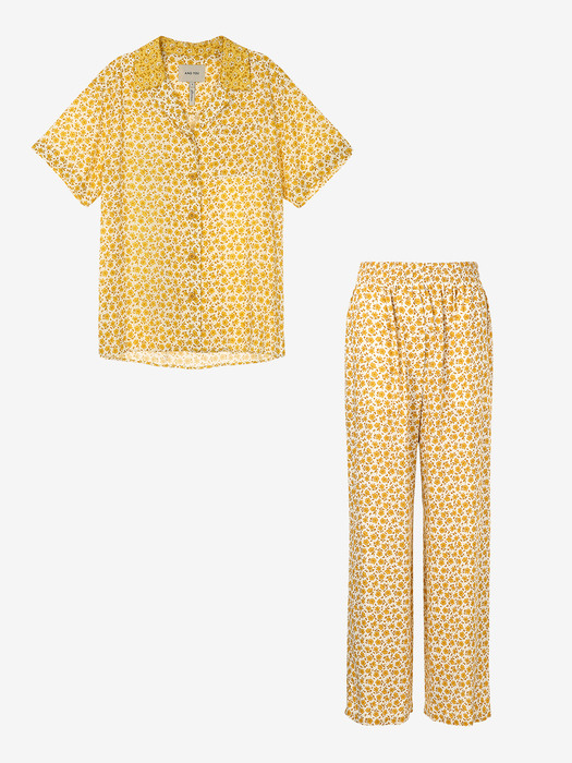 [SET]ULEHAWA Notched collar shirt + Bending wide pants (Yellow flower)
