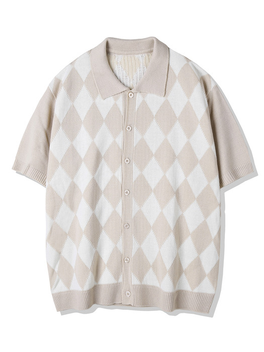 CHECKER BOARD COLLAR KNIT CARDIGAN BEIGE