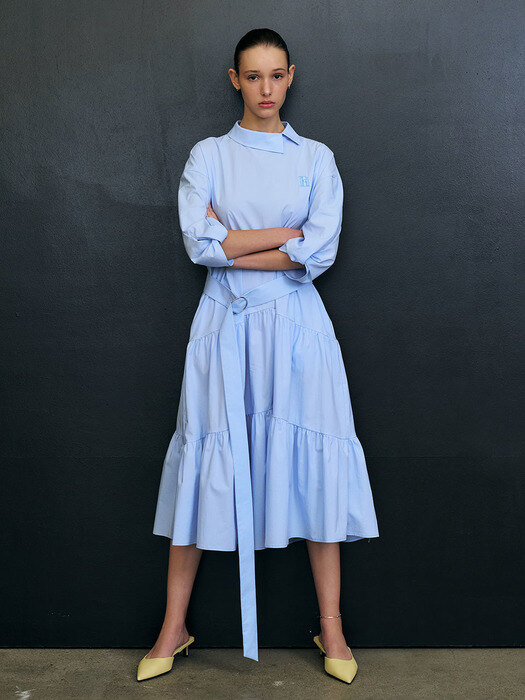 Sleeve Twist Long Shirt Dress (Light Blue)