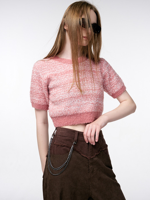 Color Blend Short Sleeve Knit Top, Coral Pink