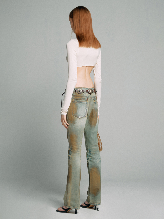 Metal Brushed Bootcut Denim Pants Khaki/Gold