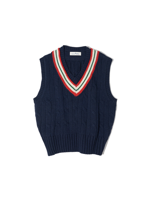 KN4213 Wool college cable vest_Deep navy