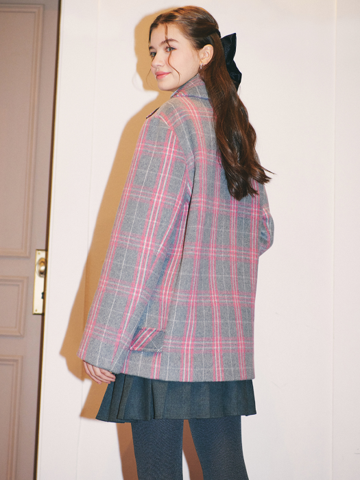 BUTTON POINT HALF CHECK COAT / PINK