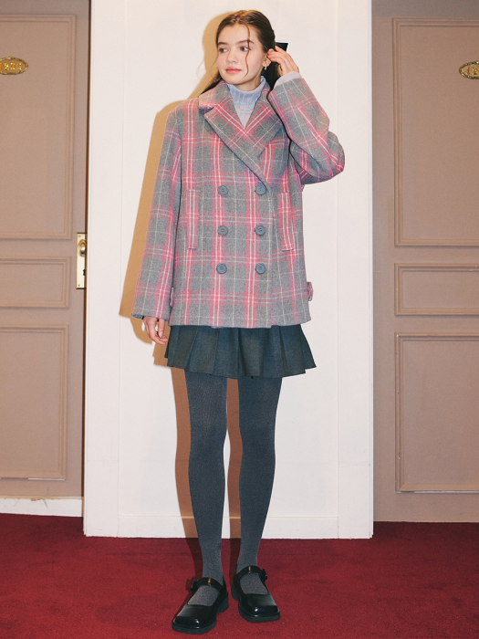 BUTTON POINT HALF CHECK COAT / PINK