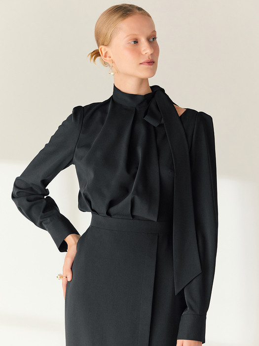 RAINA Tie neck H-line dress (Black)