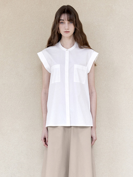Mandarin Neck Pocket Sleeveless Shirt  White