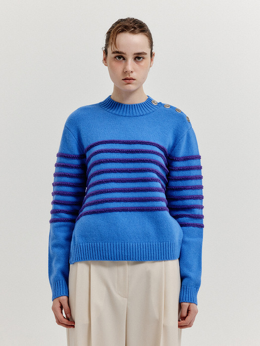 XTRIPE Stripe 4 Buttons Knit Top - Blue