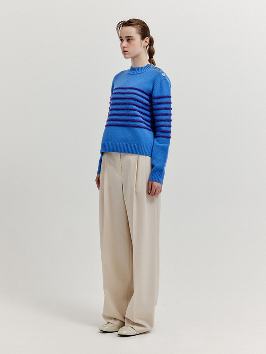 XTRIPE Stripe 4 Buttons Knit Top - Blue