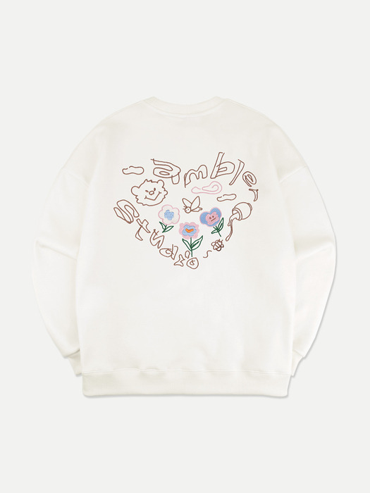 Flower heart Over fit Sweatshirt AMM1107 (Ivory)