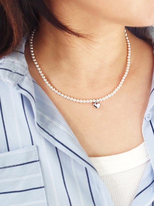 Cute silver heart swarovski pearl Necklace 큐트  실버 하트 스와로브스키 진주 목걸이