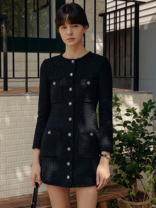 블랙 라일리 트리밍 트위드 드레스 / BLACK RILEY TRIMMED TWEED DRESS