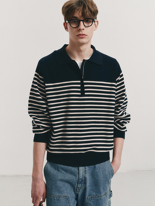 UNISEX STRIPED HALF ZIP-UP SWEATER FRENCH NAVY_M_UDSW4A103N2