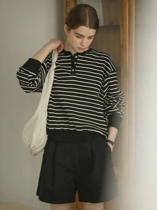 Henry neck stripe ribbed t-shirt_Black