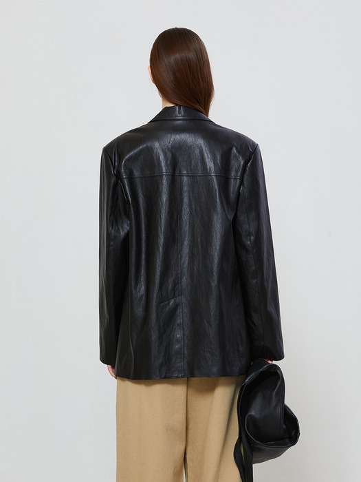 OVER FIT SINGLE LEATHER JACKET - BLACK