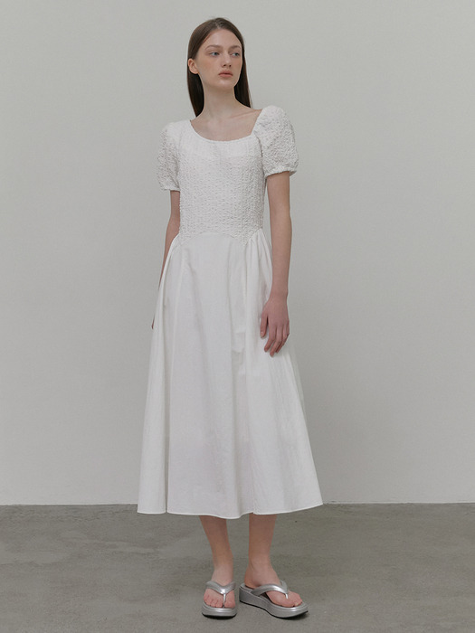 Texture Shirring Dress, White