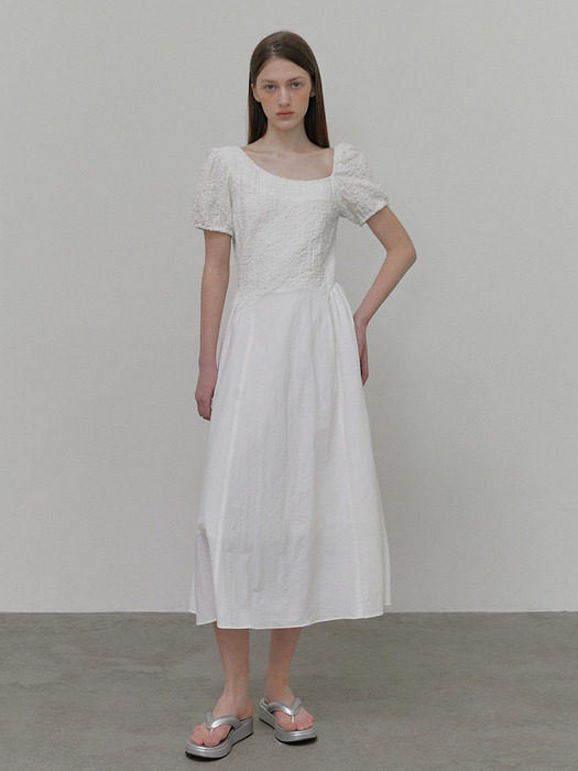 Texture Shirring Dress, White